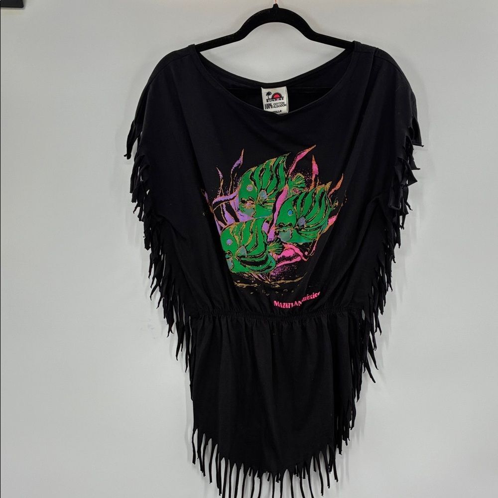 3For$20 Sunrise Black Fringe Tunic with Colorful Graphic Mexico One Size